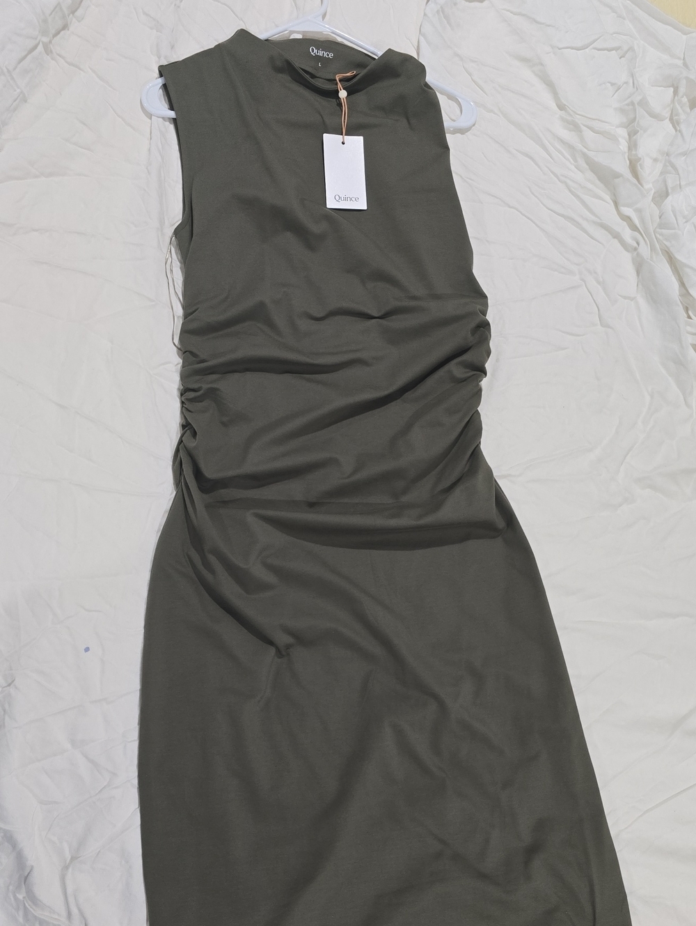 Quince Olive Sleeveless Ruched Midi Dress